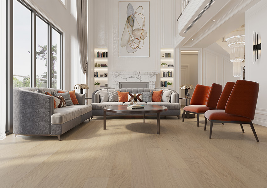 light wood flooring in living room with ambient lighting