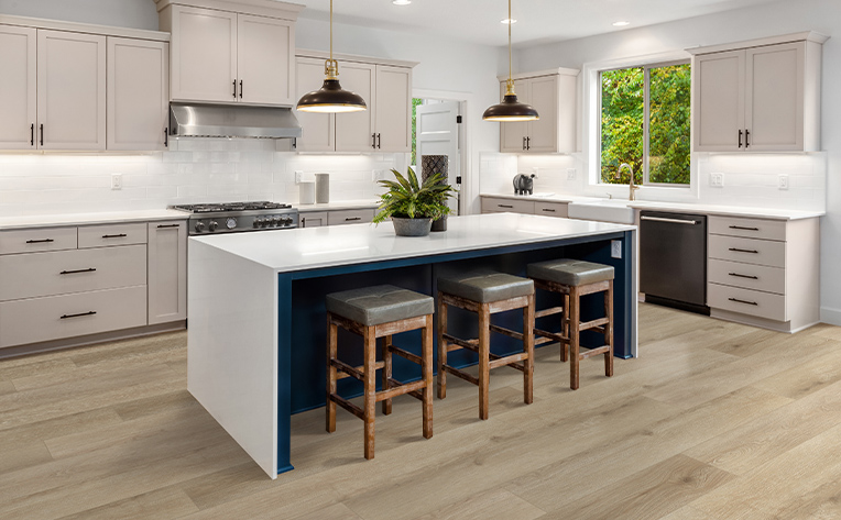 white backsplash with wood floors in kitchen